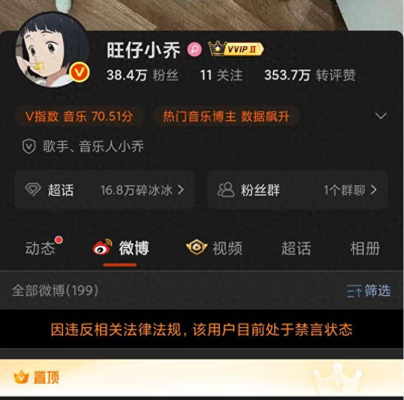 网红“旺仔小乔”微博被禁言